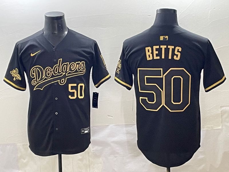 Men 2025 Los Angeles Dodgers #50 Betts Black Gold Five generations Nike MLB Jersey style 2